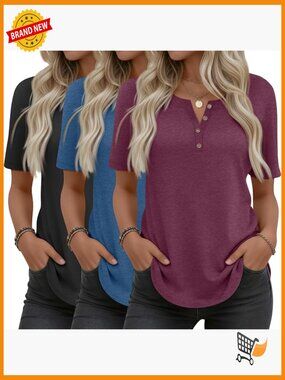 3 Pack Women's Henley T Shirts Curved Hem Crew Neck Short Sleeve Loose Fit